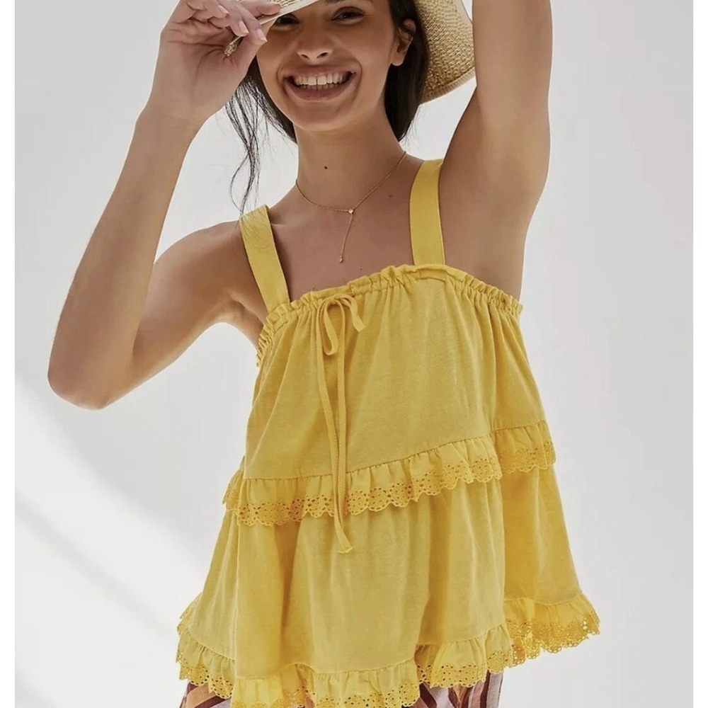 NWT Anthropologie Tiered Eyelet Ruffle Tank M Yellow‎ Romantic Beach Resortwear